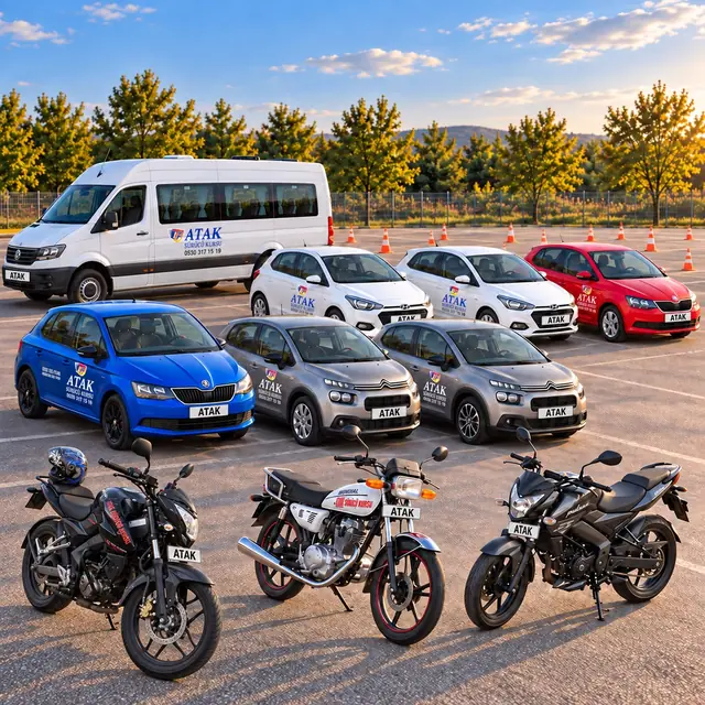 Esenyurt Atak Sürücü Kursu eğitim filosu: otomobiller, motosikletler ve eğitim aracı