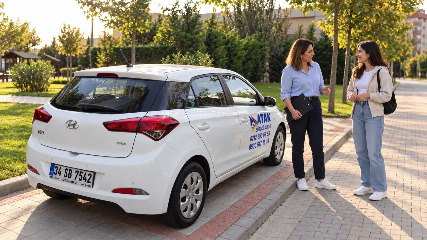 Esenyurt B sınıfı ehliyet eğitimi: eğitmen ve sürücü adayı eğitim aracının yanında