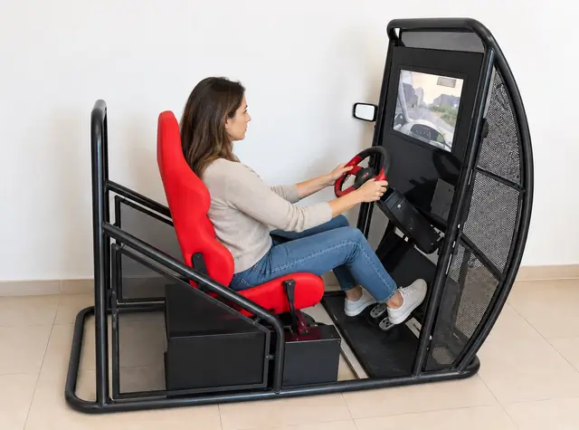 Sürüş simülatöründe direksiyon, pedal ve ekranla sürüş pratiği yapan sürücü adayı